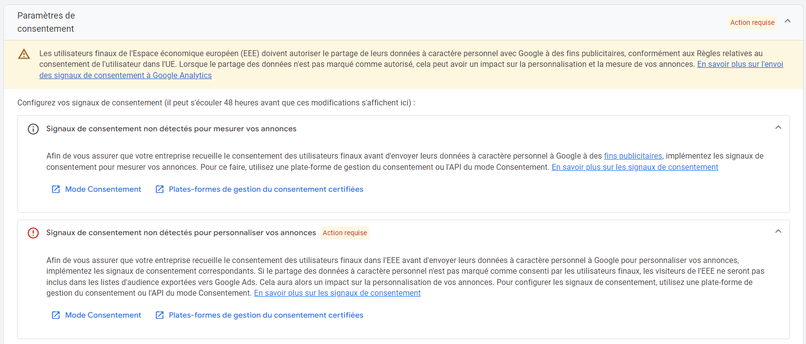 Paramètres de consentement Google non valides