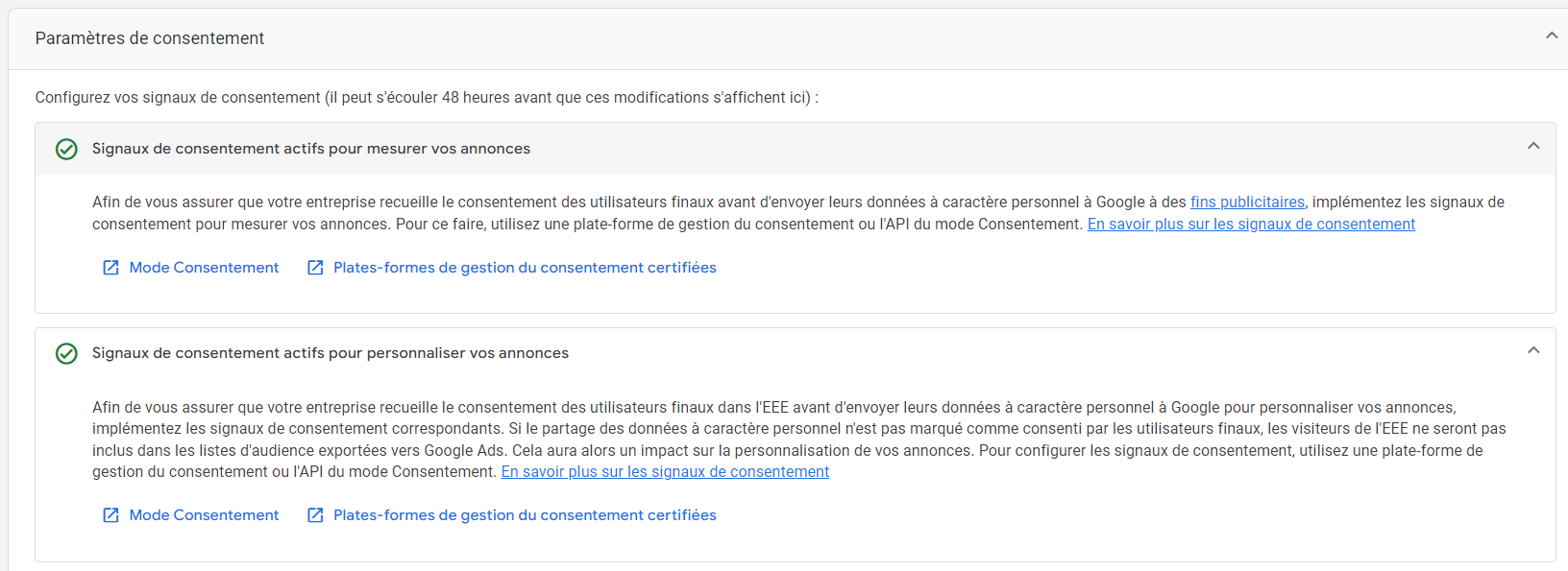 Paramètres de consentement Google valides